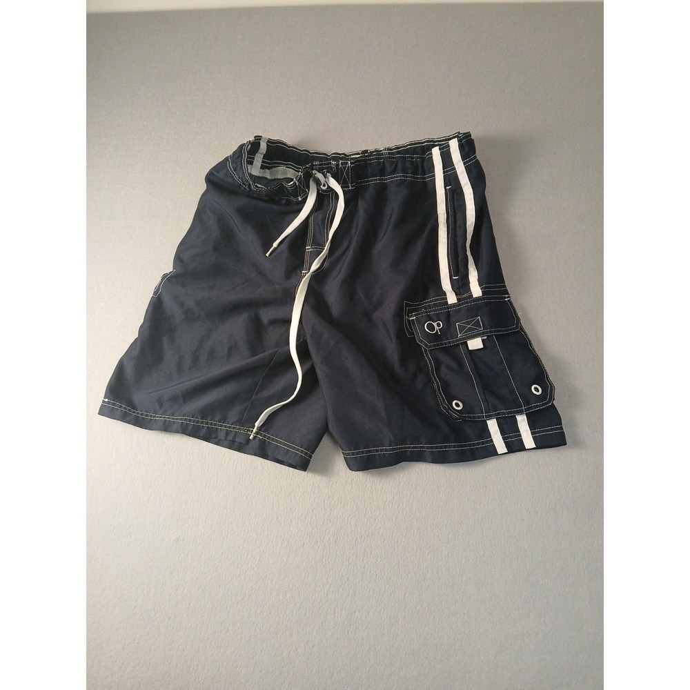 OP SPORT SWIM TRUNKS SHORTS Men's M NAVY  Blue Print Lined Beach Board Surf!!